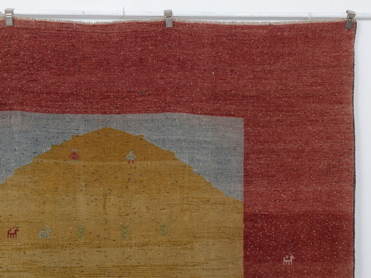 Unusual Pattern Yellow Red Vintage Turkish Wool Carpet Rug: 7.5x9.6 Feet,Oversize Handmade Rugs.
