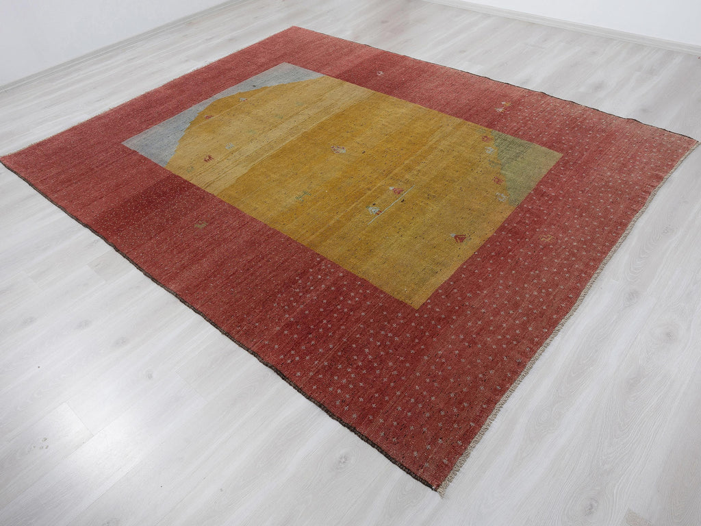Unusual Pattern Yellow Red Vintage Turkish Wool Carpet Rug: 7.5x9.6 Feet,Oversize Handmade Rugs.