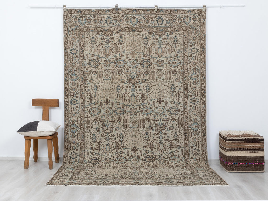 Large Vintage Turkish Wool Carpet Rug: 6.6x10.2 Feet,Neutral Handmade Home Living Rugs
