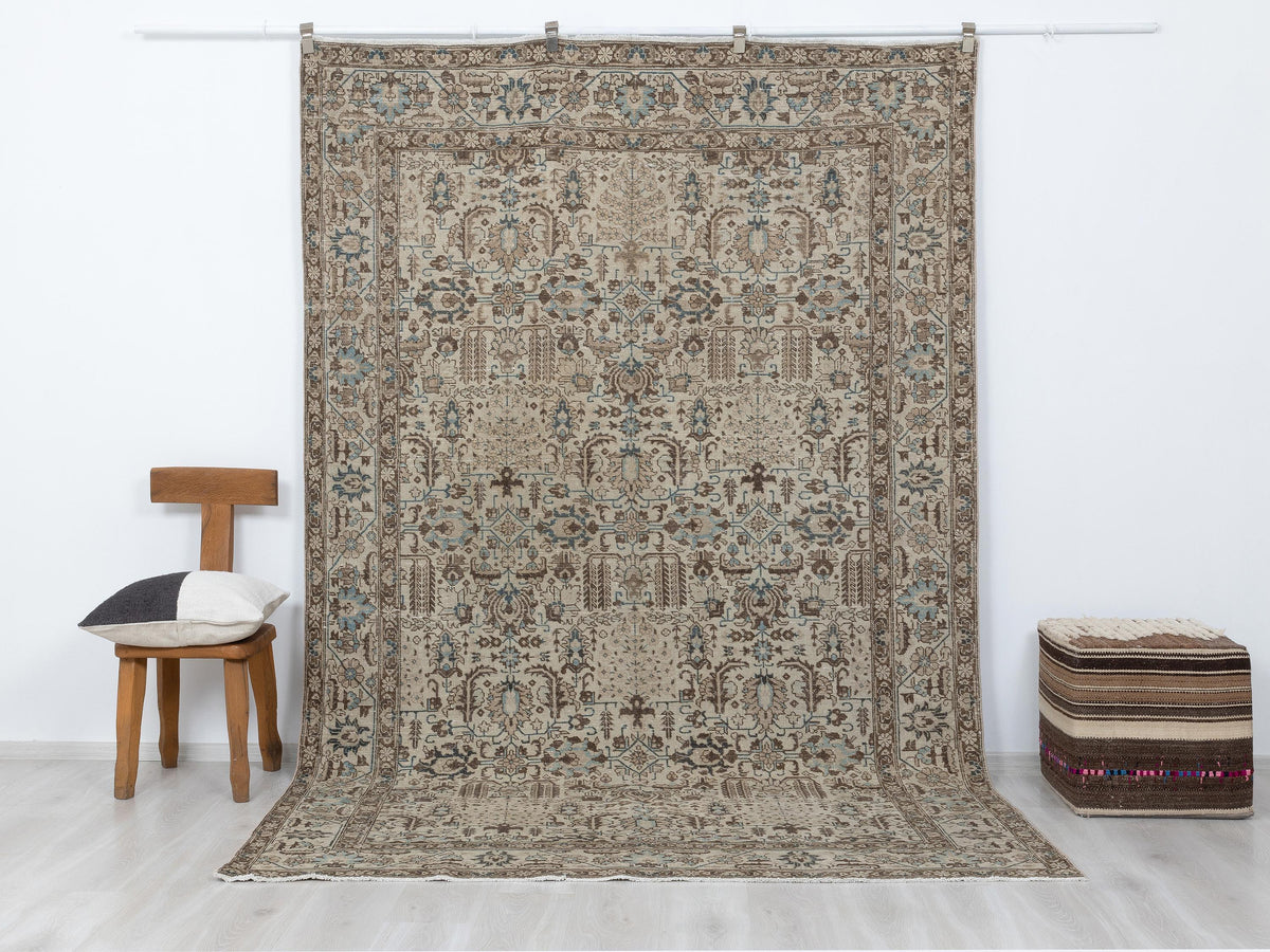 Large Vintage Turkish Wool Carpet Rug: 6.6x10.2 Feet,Neutral Handmade Home Living Rugs