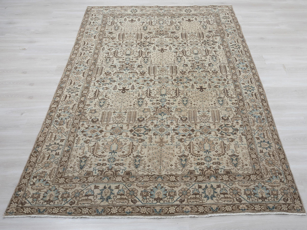 Large Vintage Turkish Wool Carpet Rug: 6.6x10.2 Feet,Neutral Handmade Home Living Rugs