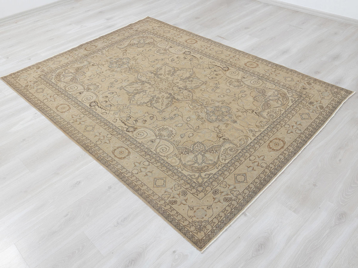 6x8 Oushak Rug, Beige Farmhouse Turkish Rugs, Neutral Vintage Wool Handmade,Luxury Home Decor.
