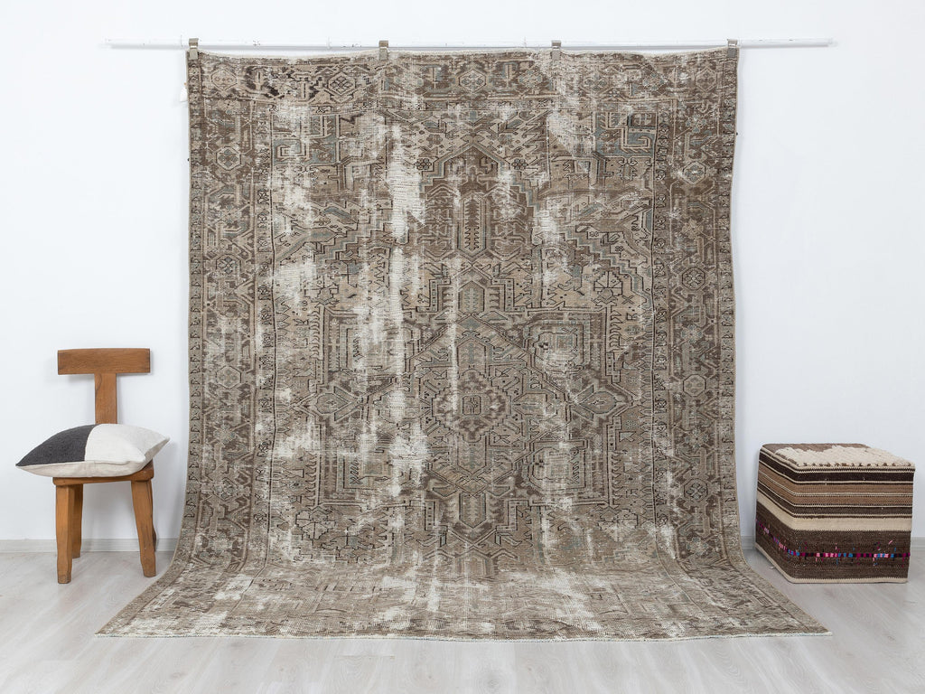 7x10 Heriz Rug, Taupe Turkish Rugs, Neutral Vintage Wool Handmade Anatolian Carpet, Rustic Farmhouse