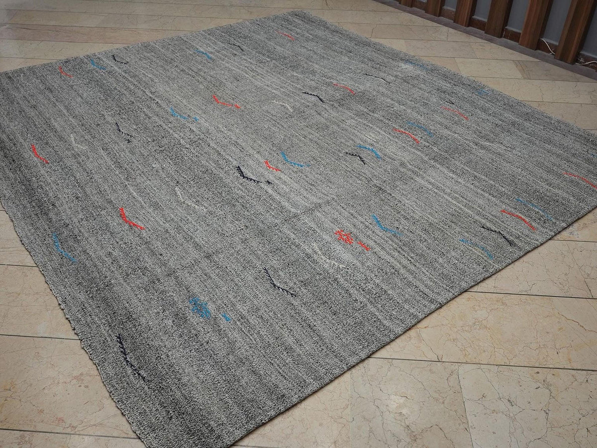 8x9 Square Size Natural Gray Flat-weave Turkish Kilim Rug: Vintage Style Home Living Rugs.