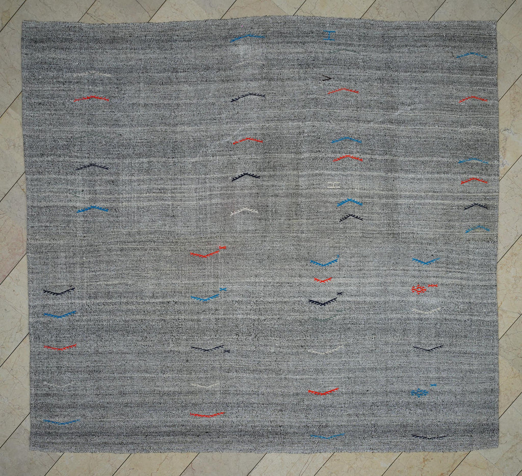 8x9 Square Size Natural Gray Flat-weave Turkish Kilim Rug: Vintage Style Home Living Rugs.
