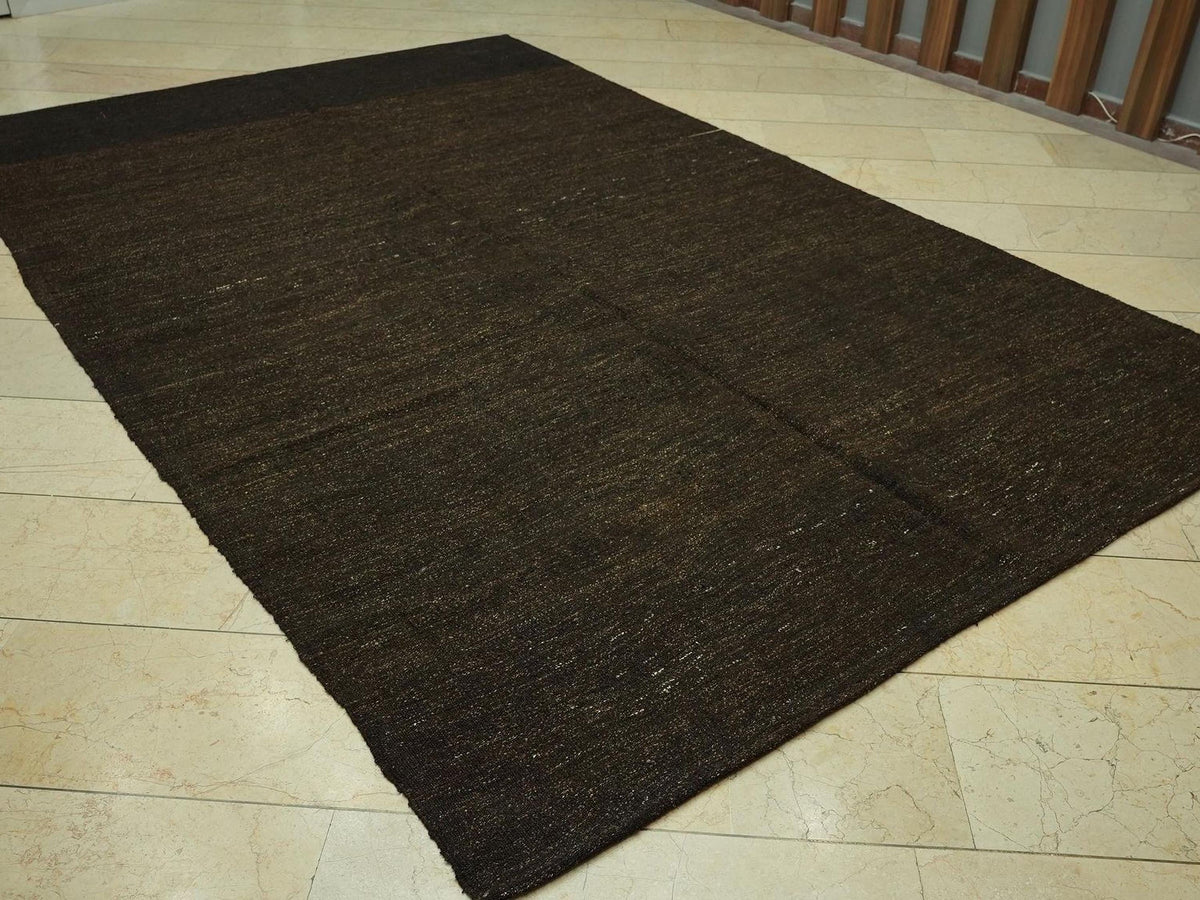 Vintage Dark Brown Goat Hair Rug:6.8x10.7 Ft,Outdoor Decor,Flat Woven Nomadic Rugs.