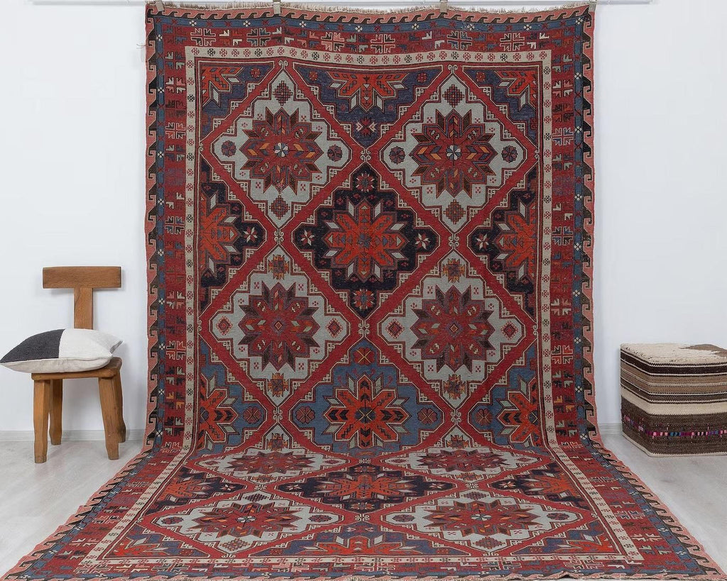 Antique Soumac Kilim Rug,7x12.5 Feet,Oversize Handmade Area Wool Rugs.