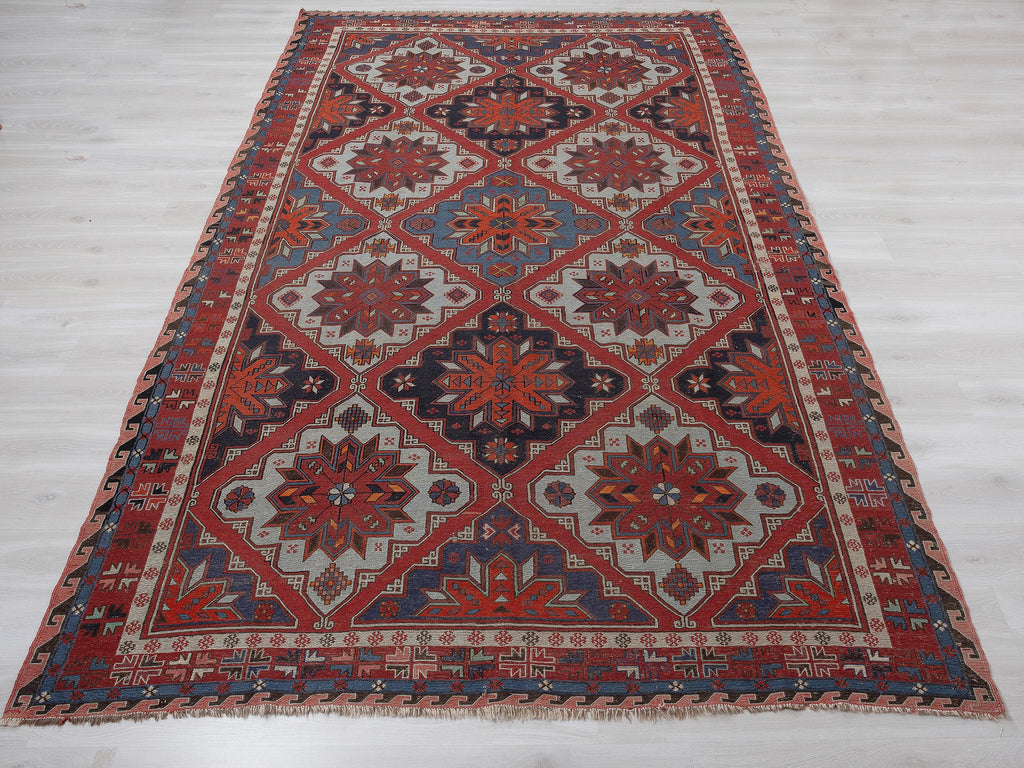 Antique Soumac Kilim Rug,7x12.5 Feet,Oversize Handmade Area Wool Rugs.