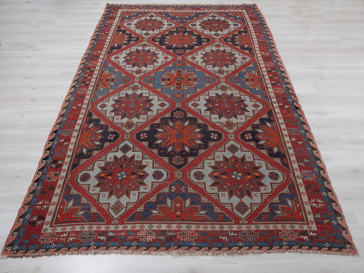 Antique Soumac Kilim Rug,7x12.5 Feet,Oversize Handmade Area Wool Rugs.