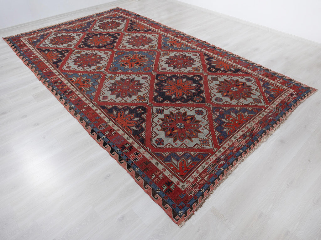 Antique Soumac Kilim Rug,7x12.5 Feet,Oversize Handmade Area Wool Rugs.