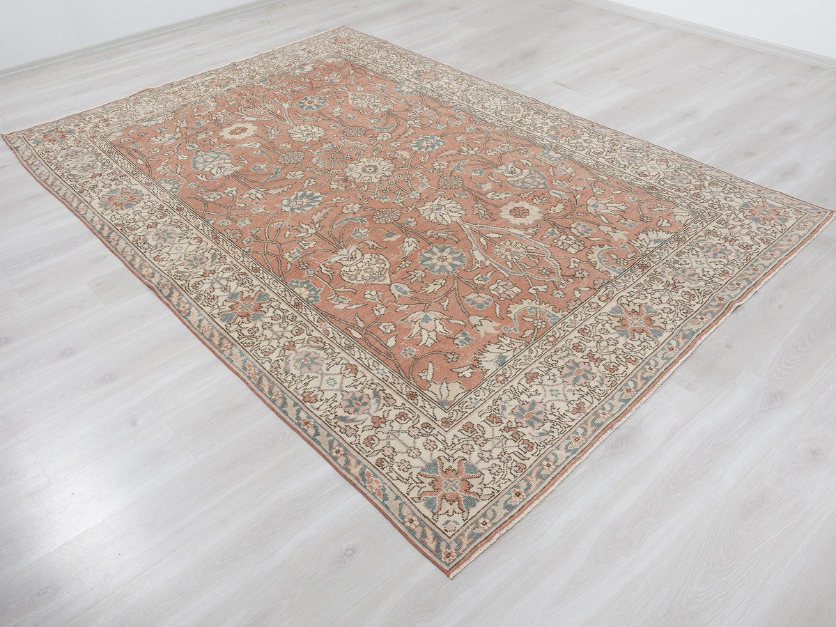 7x10 Oushak Rug, Turkish Vintage Floral Wool Area Handmade Carpet, Cottage Farmhouse Rugs