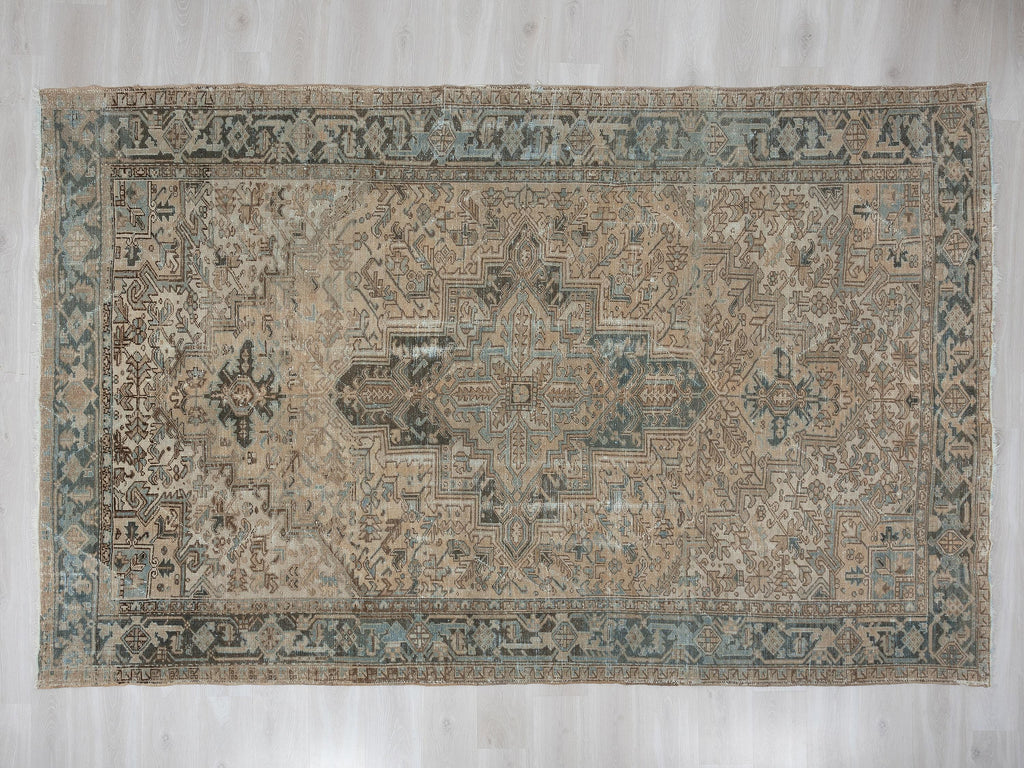 7x11 Anatolian Rug, Blue Turkish Neutral Vintage Wool Area Rugs, Handmade Modern Farmhouse Carpet.