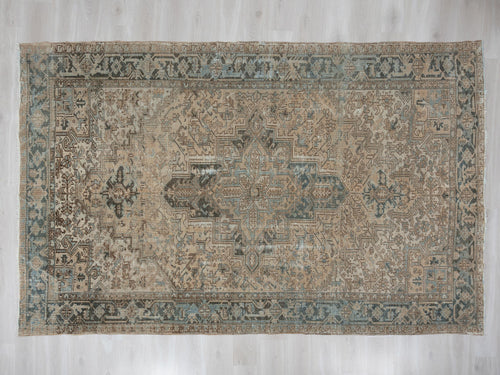 7x11 Anatolian Rug, Blue Turkish Neutral Vintage Wool Area Rugs, Handmade Modern Farmhouse Carpet.