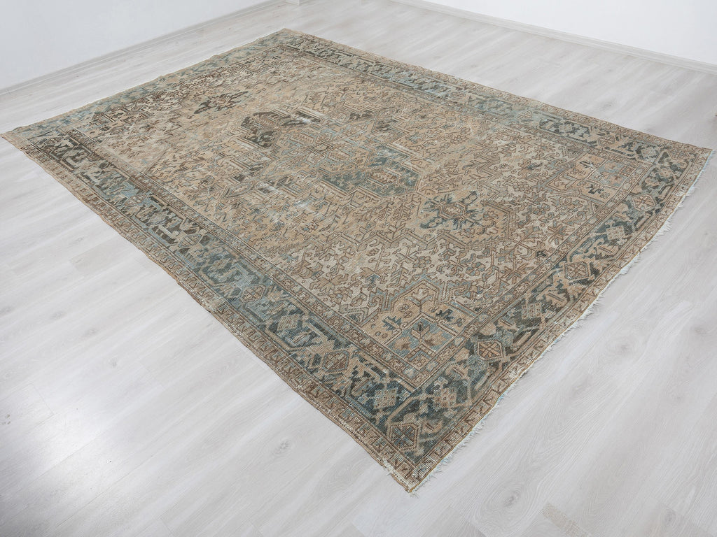 7x11 Anatolian Rug, Blue Turkish Neutral Vintage Wool Area Rugs, Handmade Modern Farmhouse Carpet.