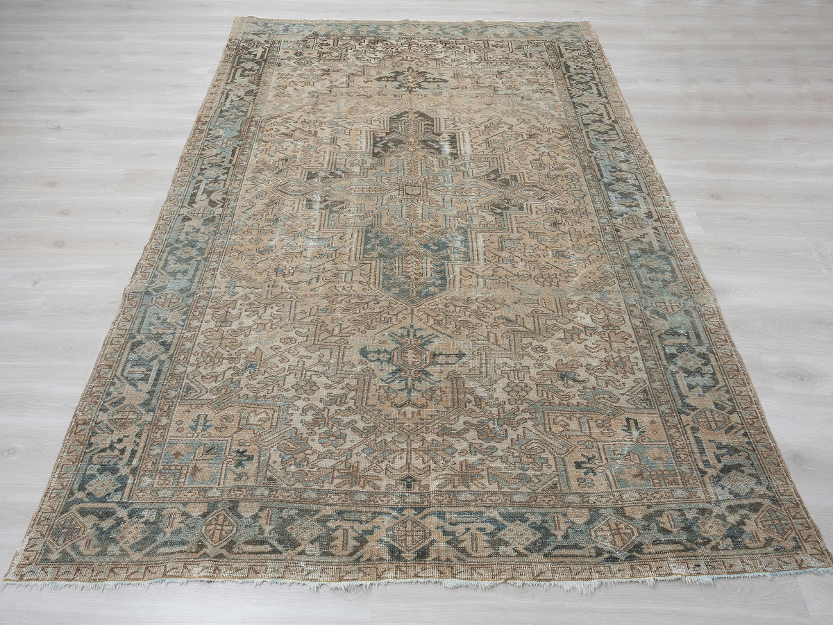 7x11 Anatolian Rug, Blue Turkish Neutral Vintage Wool Area Rugs, Handmade Modern Farmhouse Carpet.