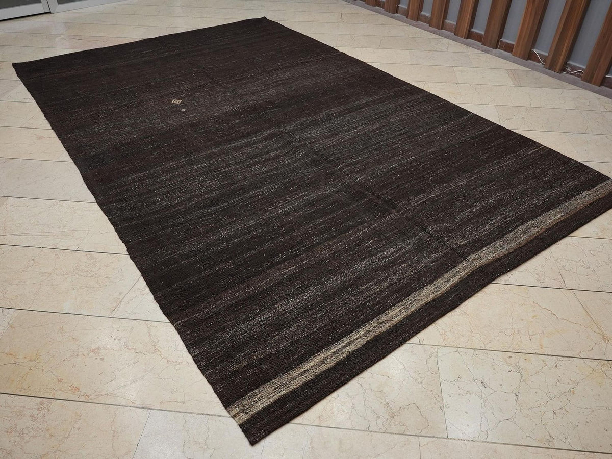 Vintage Natural Goat Hair Woven: Turkish Kilim Rug,6.8x10.7 Ft,Dark Brown - Gray Rugs.
