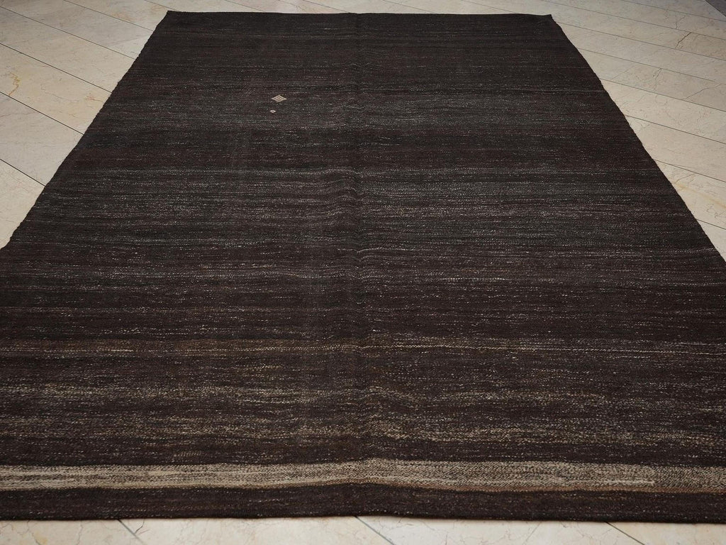 Vintage Natural Goat Hair Woven: Turkish Kilim Rug,6.8x10.7 Ft,Dark Brown - Gray Rugs.