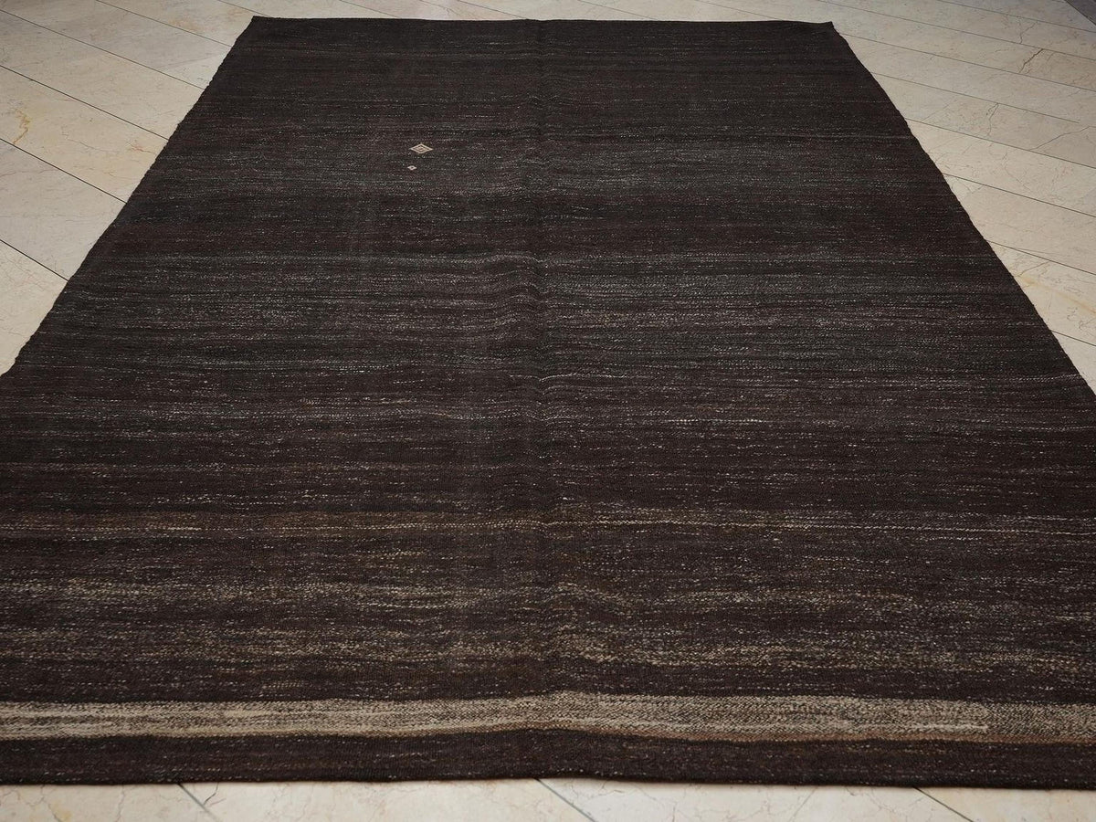 Vintage Natural Goat Hair Woven: Turkish Kilim Rug,6.8x10.7 Ft,Dark Brown - Gray Rugs.