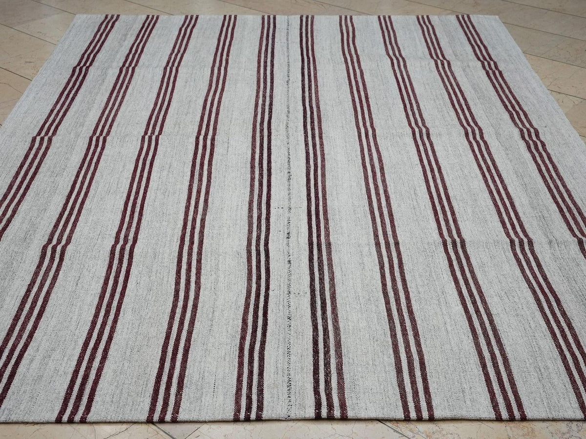 Wine Red Striped ivory Turkish Kilim Rug: 6.6x8.5 Feet,Vintage Scandinavian Style Decor Rugs.