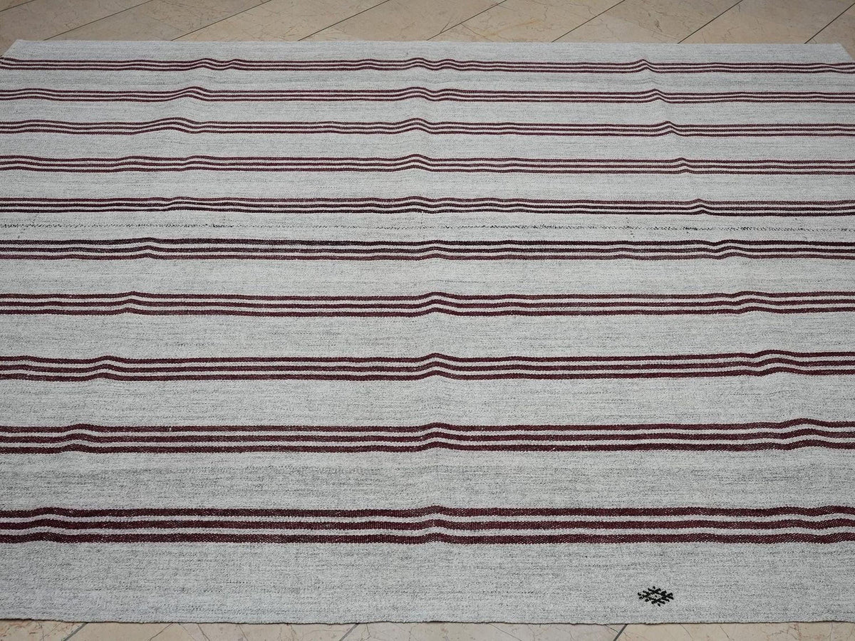 Wine Red Striped ivory Turkish Kilim Rug: 6.6x8.5 Feet,Vintage Scandinavian Style Decor Rugs.