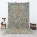 Large Vintage Turkish Rug 8x11 Handmade Oushak Heriz Rugs Faded Blue Wool Area  Carpet.