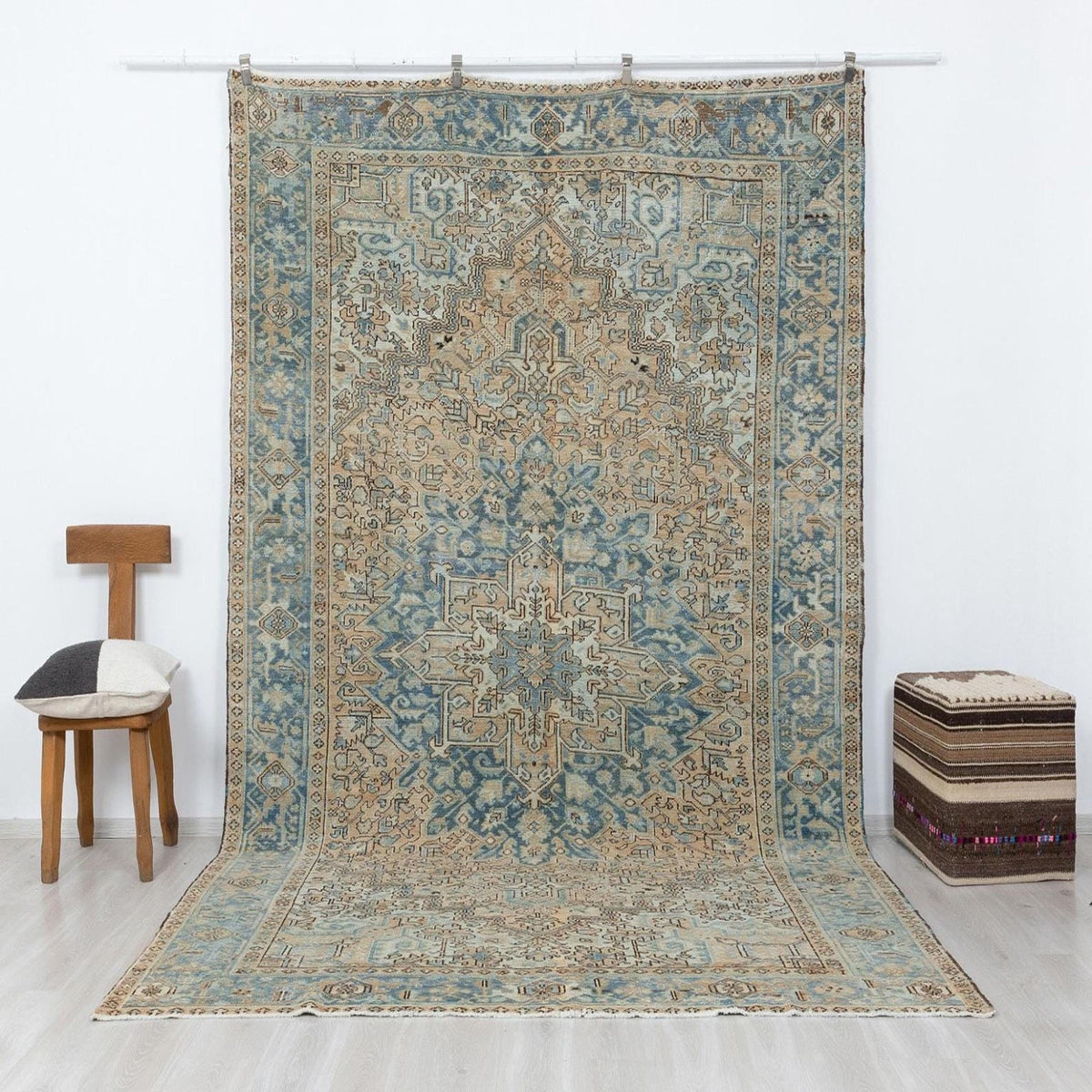 Large Vintage Turkish Rug 8x11 Handmade Oushak Heriz Rugs Faded Blue Wool Area  Carpet.