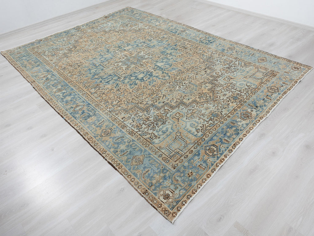 Large Vintage Turkish Rug 8x11 Handmade Oushak Heriz Rugs Faded Blue Wool Area  Carpet.