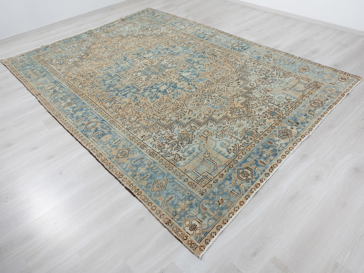 Large Vintage Turkish Rug 8x11 Handmade Oushak Heriz Rugs Faded Blue Wool Area  Carpet.