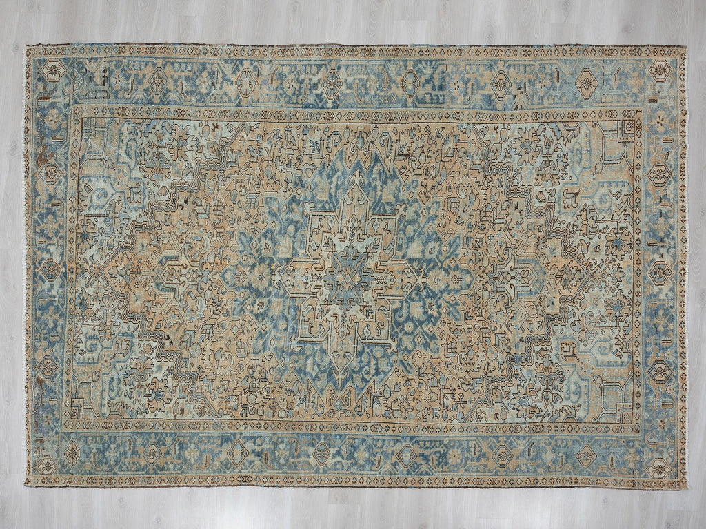 Large Vintage Turkish Rug 8x11 Handmade Oushak Heriz Rugs Faded Blue Wool Area  Carpet.