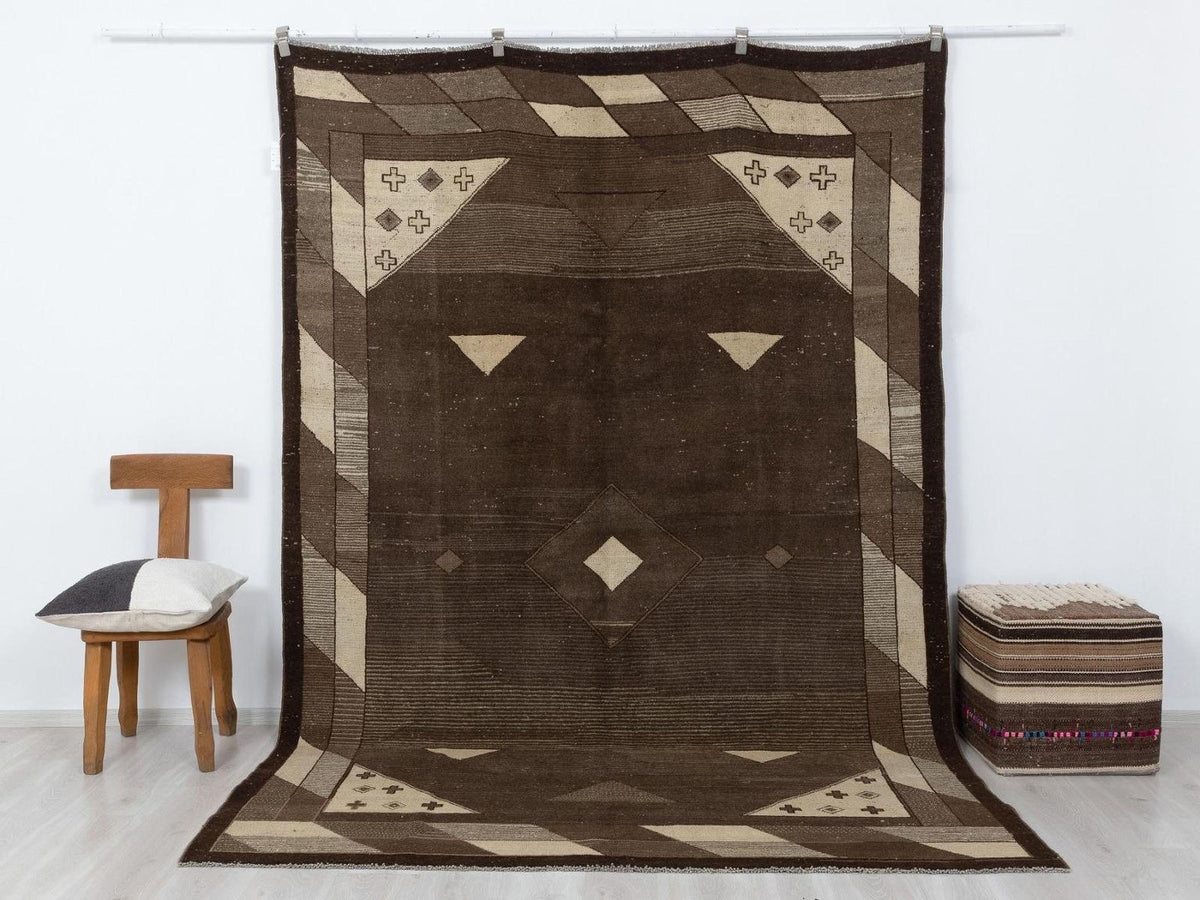 Vintage Moroccan Rug 7x10 Brown Tribal Handmade Wool Area Neutral Berber Minimalist Decor Rugs