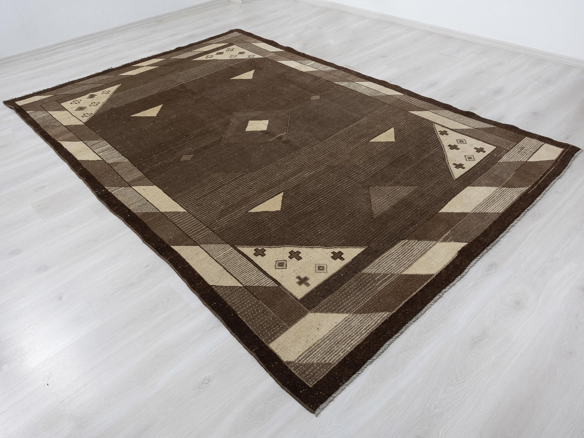 Vintage Moroccan Rug 7x10 Brown Tribal Handmade Wool Area Neutral Berber Minimalist Decor Rugs