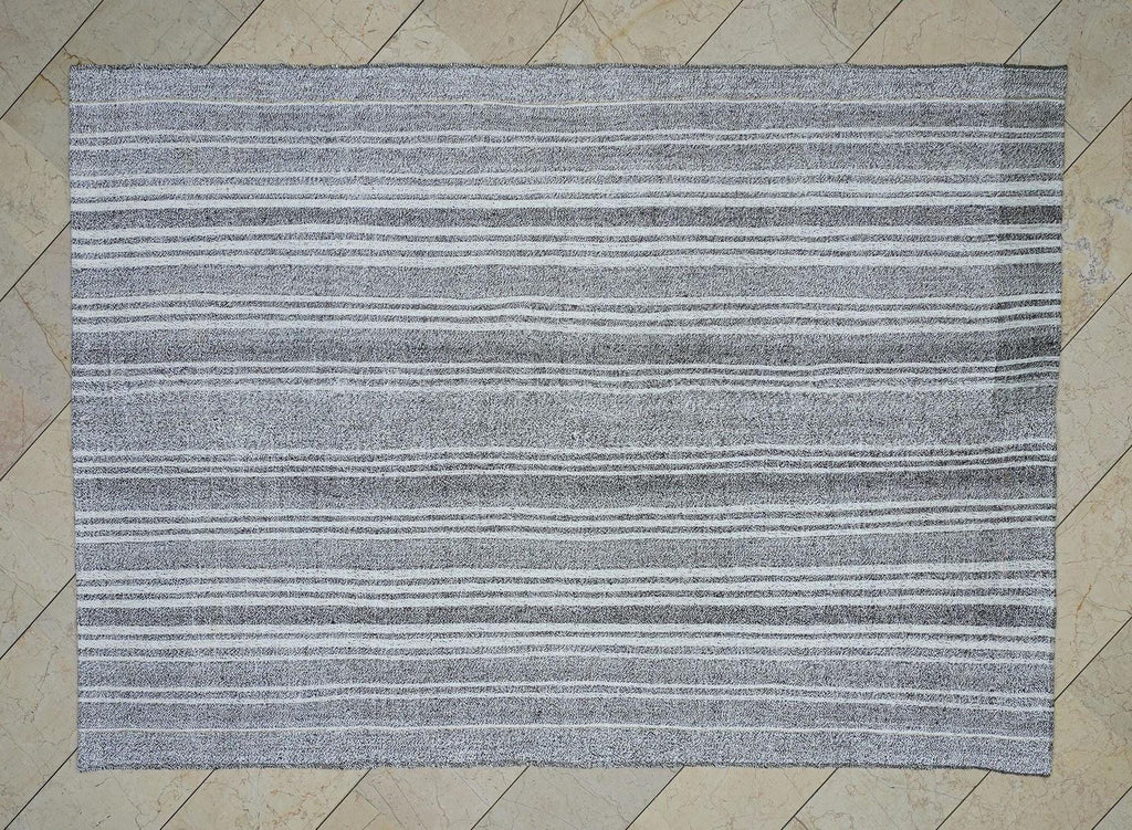 White Stripe Gray Turkish Kilim Rug: 6x8.4 Feet, Natural Cotton And Goat Hair Rugs.