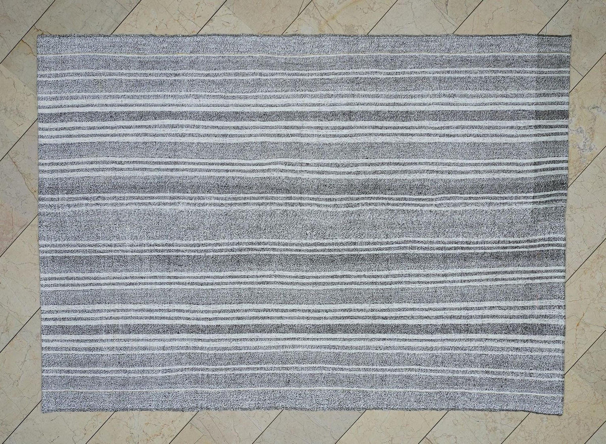White Stripe Gray Turkish Kilim Rug: 6x8.4 Feet, Natural Cotton And Goat Hair Rugs.