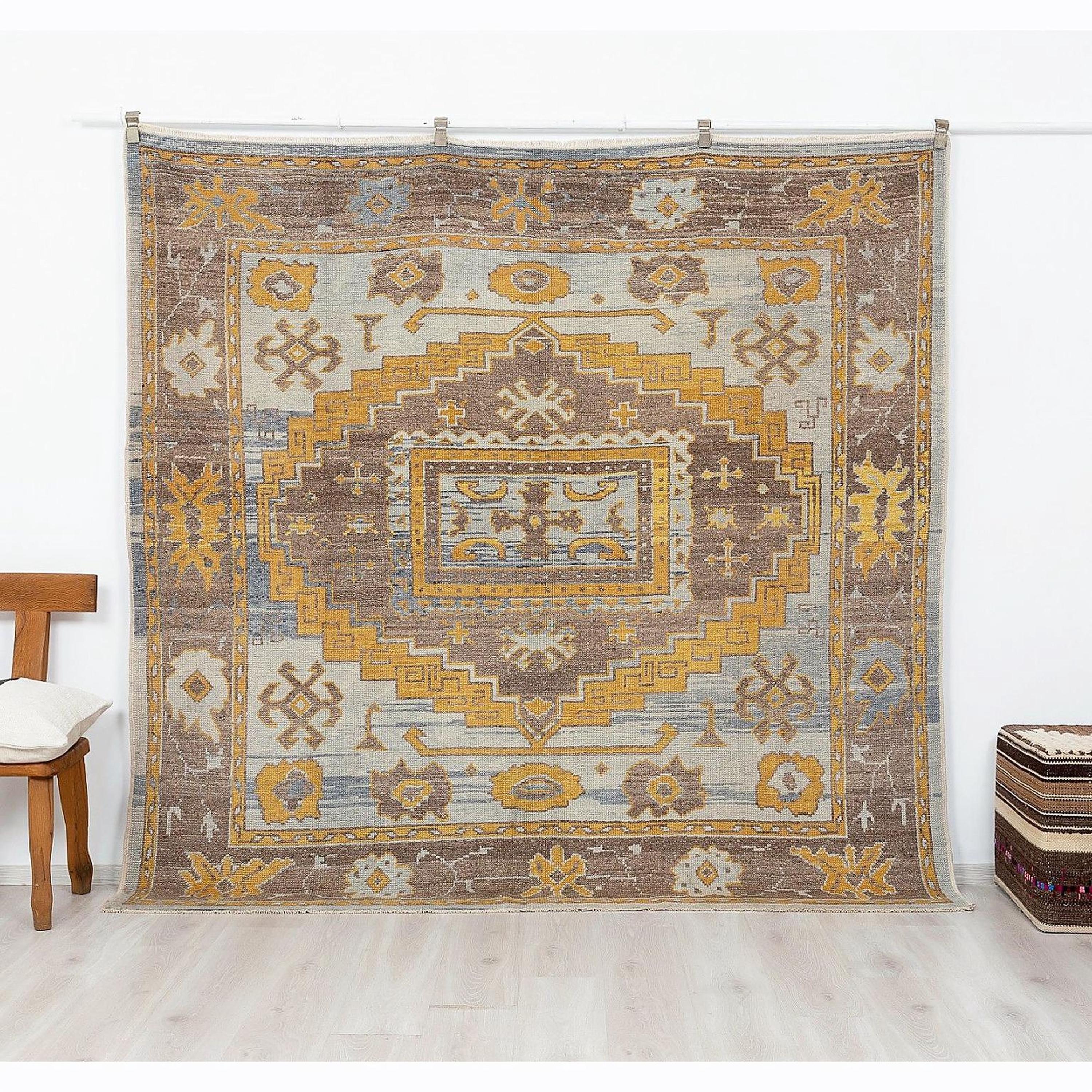 7x7 Turkish Oushak Rug, Beige Brown Wool Area Handmade Square Rugs, Organic Modern Home