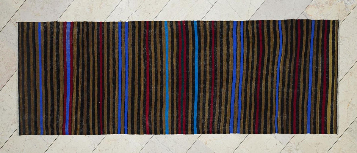Saffron Striped Flat-weave Turkish Wool Kilim Rug: 3.1x8.7 Feet,Mid Century Modern Rugs