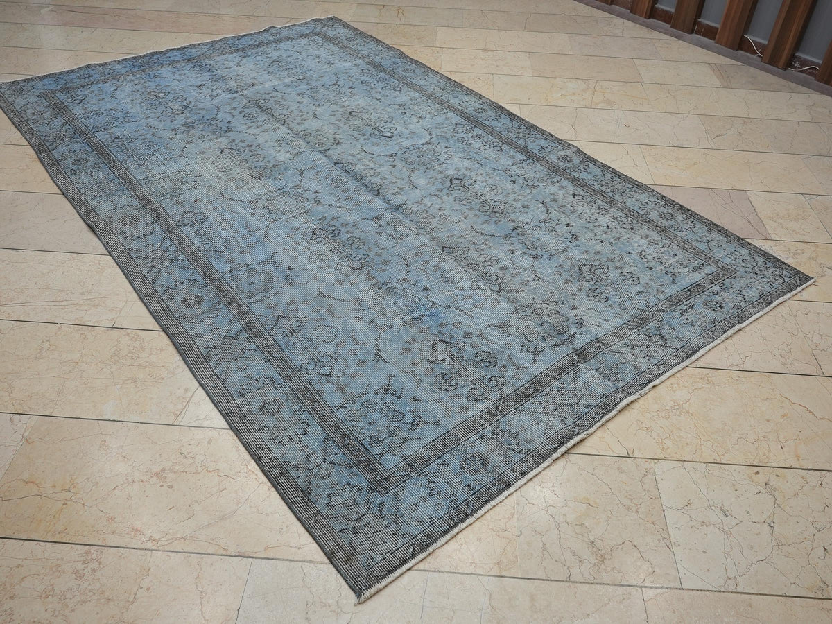 Overdye Light Blue Vintage Turkish Wool Oushak Rug: 5.5x8.9 Feet,Bohemian Style Decor Rugs.