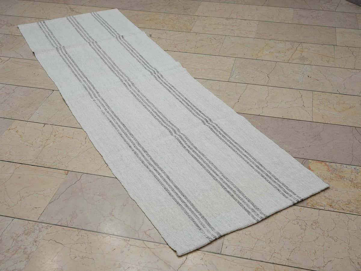 Narrow Turkish Flat-weave Rug Runner: 2.3x7.5 Ft,ivory And Gray Stripe Cotton Rugs.
