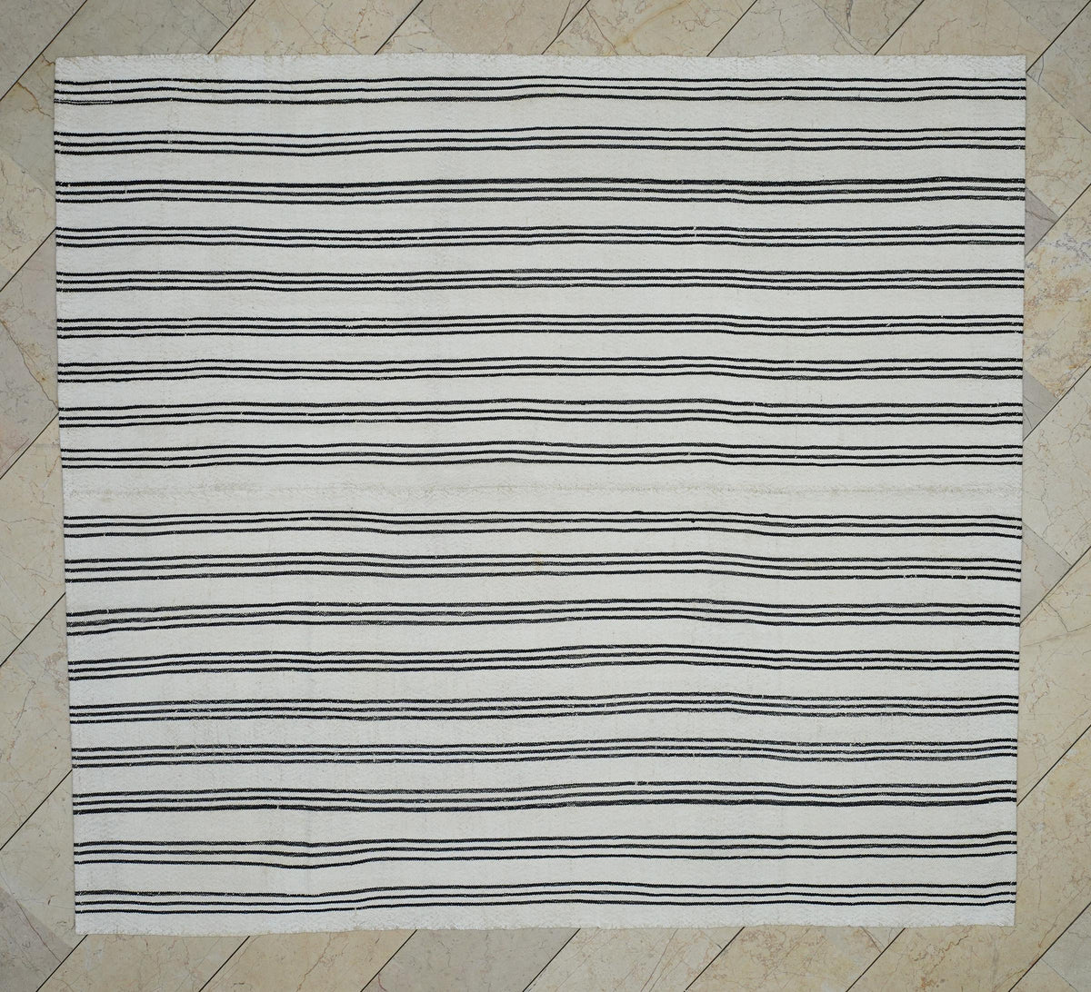 7x8 Square Size: Black Stripe White Flat-weave Turkish Kilim Rug,Scandinavian Home Style Rugs.
