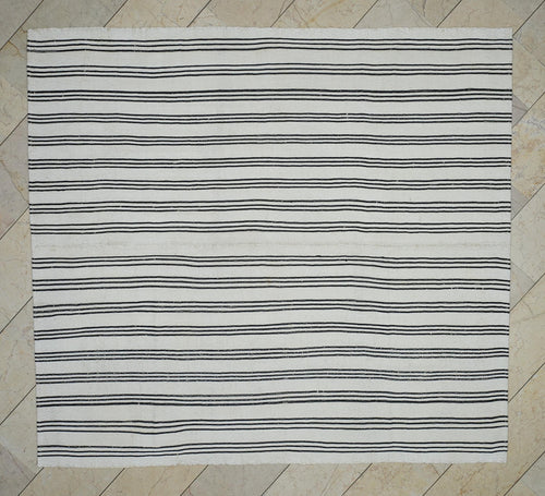 7x8 Square Size: Black Stripe White Flat-weave Turkish Kilim Rug,Scandinavian Home Style Rugs.