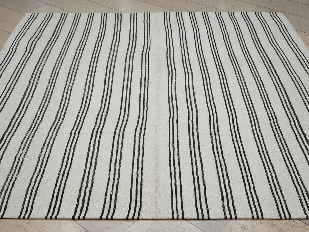 7x8 Square Size: Black Stripe White Flat-weave Turkish Kilim Rug,Scandinavian Home Style Rugs.
