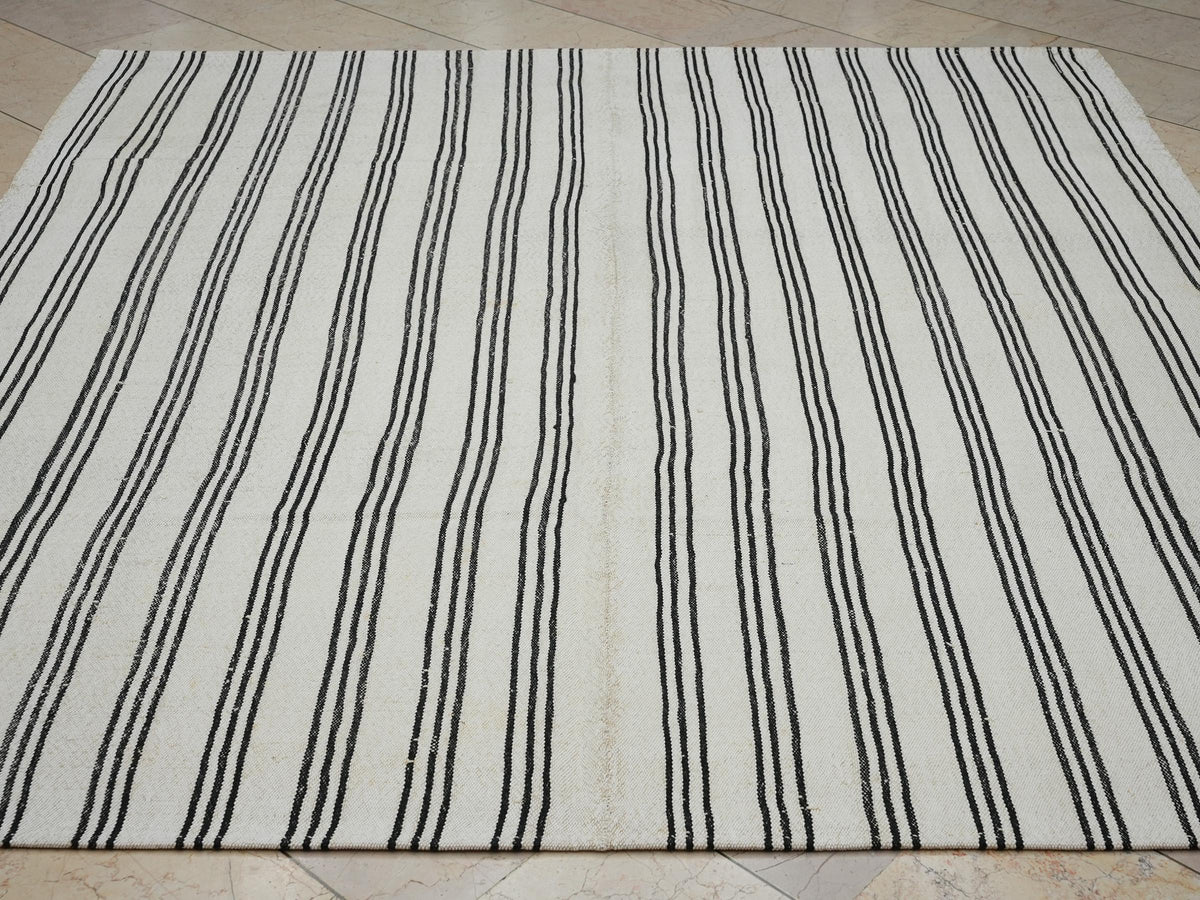 7x8 Square Size: Black Stripe White Flat-weave Turkish Kilim Rug,Scandinavian Home Style Rugs.
