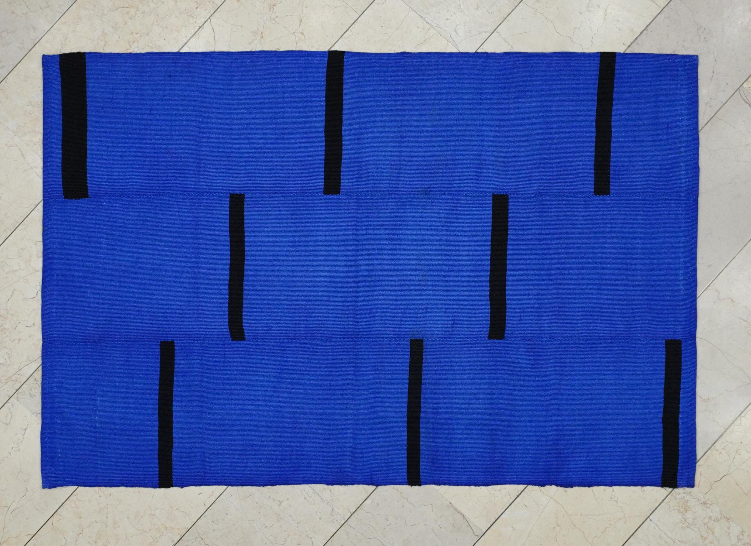 4x6 Overdye Blue Wool Turkish Kilim Rug: Mid Century Modern Rug.