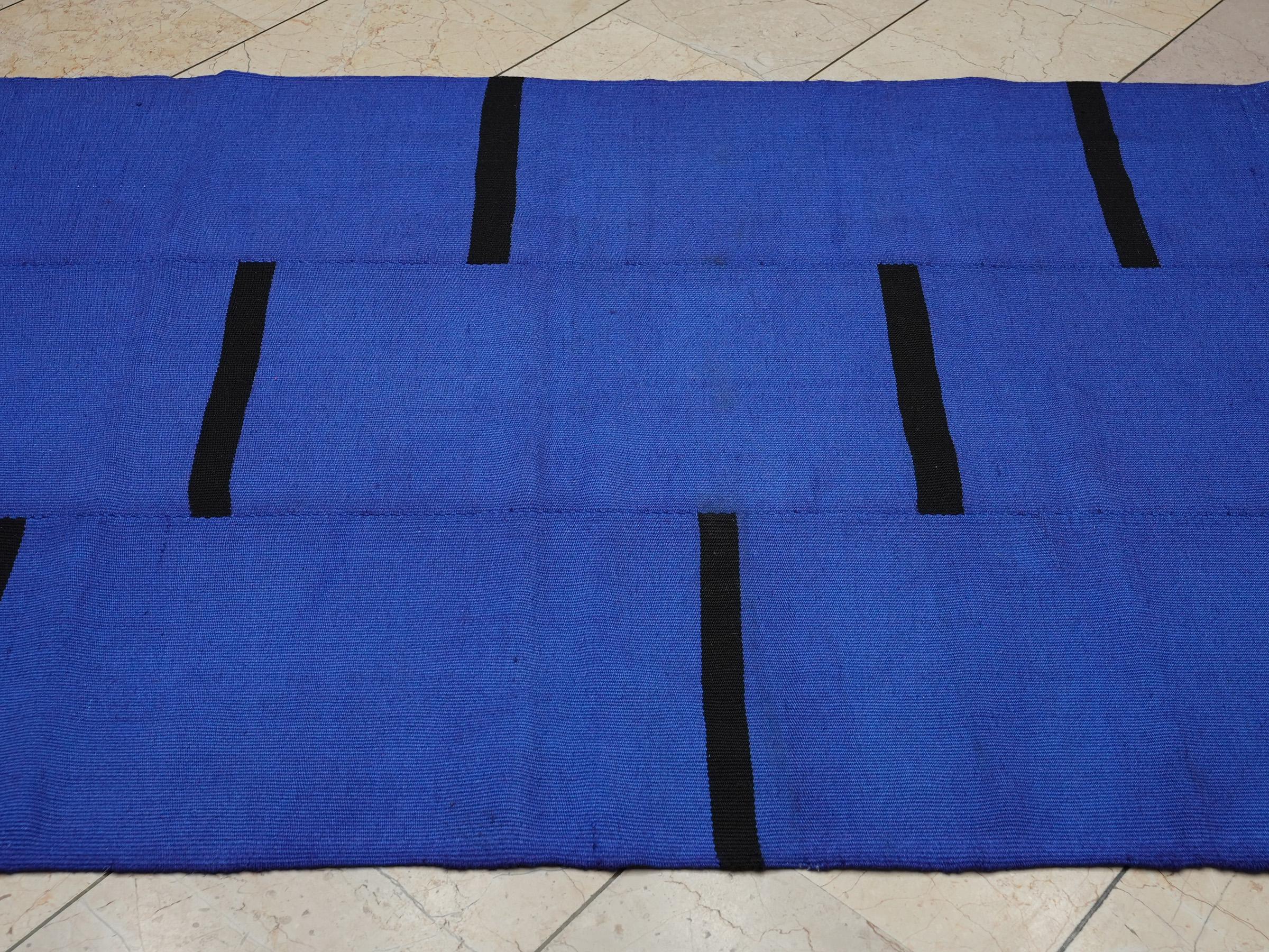 4x6 Overdye Blue Wool Turkish Kilim Rug: Mid Century Modern Rug.