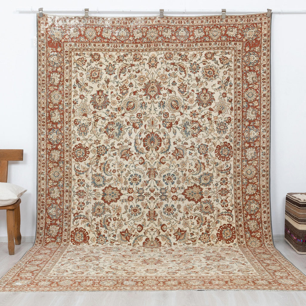 7x11 ivory Rust Turkish Rug, Vintage Floral Oushak Rugs, Wool Area Living Room Carpet.