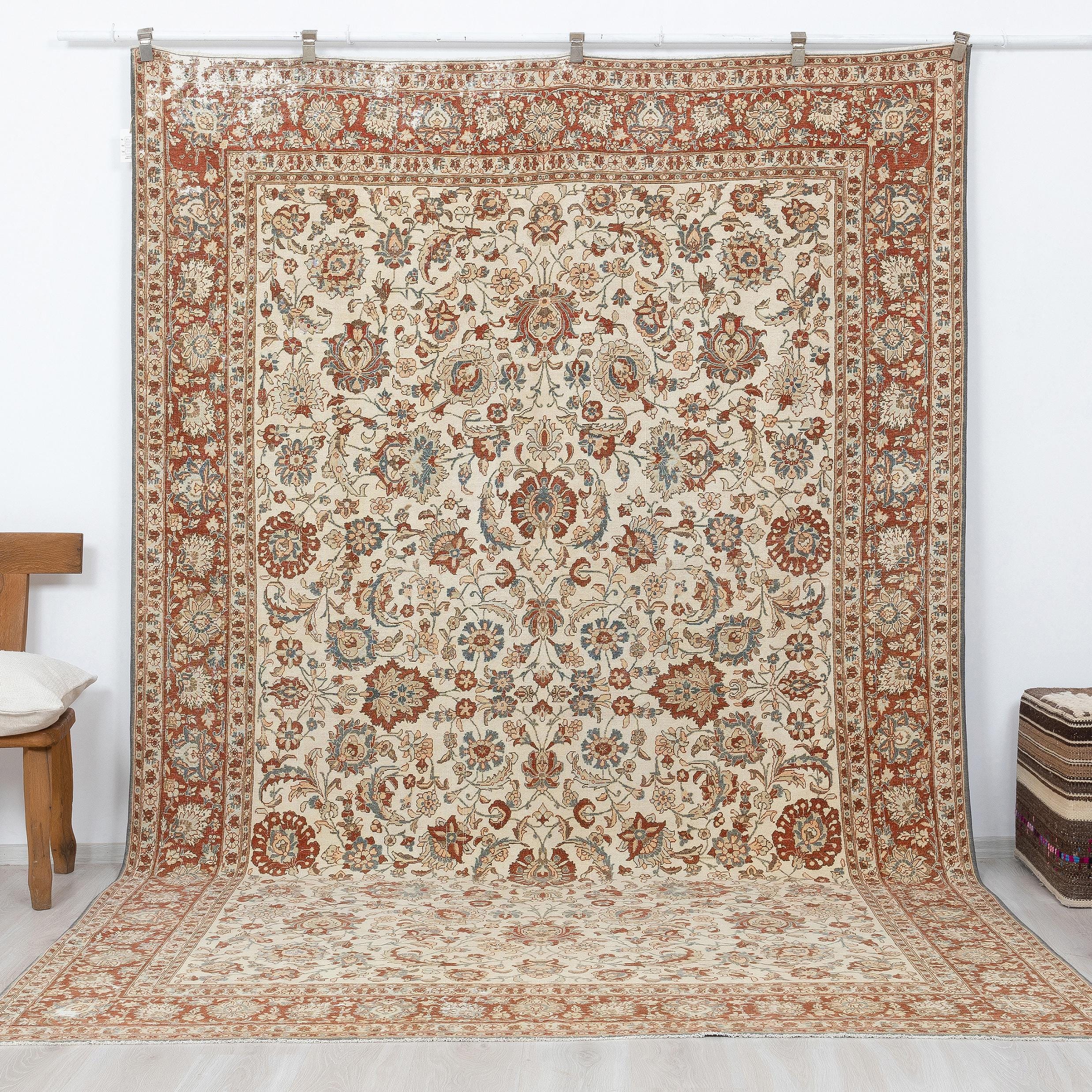 7x11 ivory Rust Turkish Rug, Vintage Floral Oushak Rugs, Wool Area Living Room Carpet.