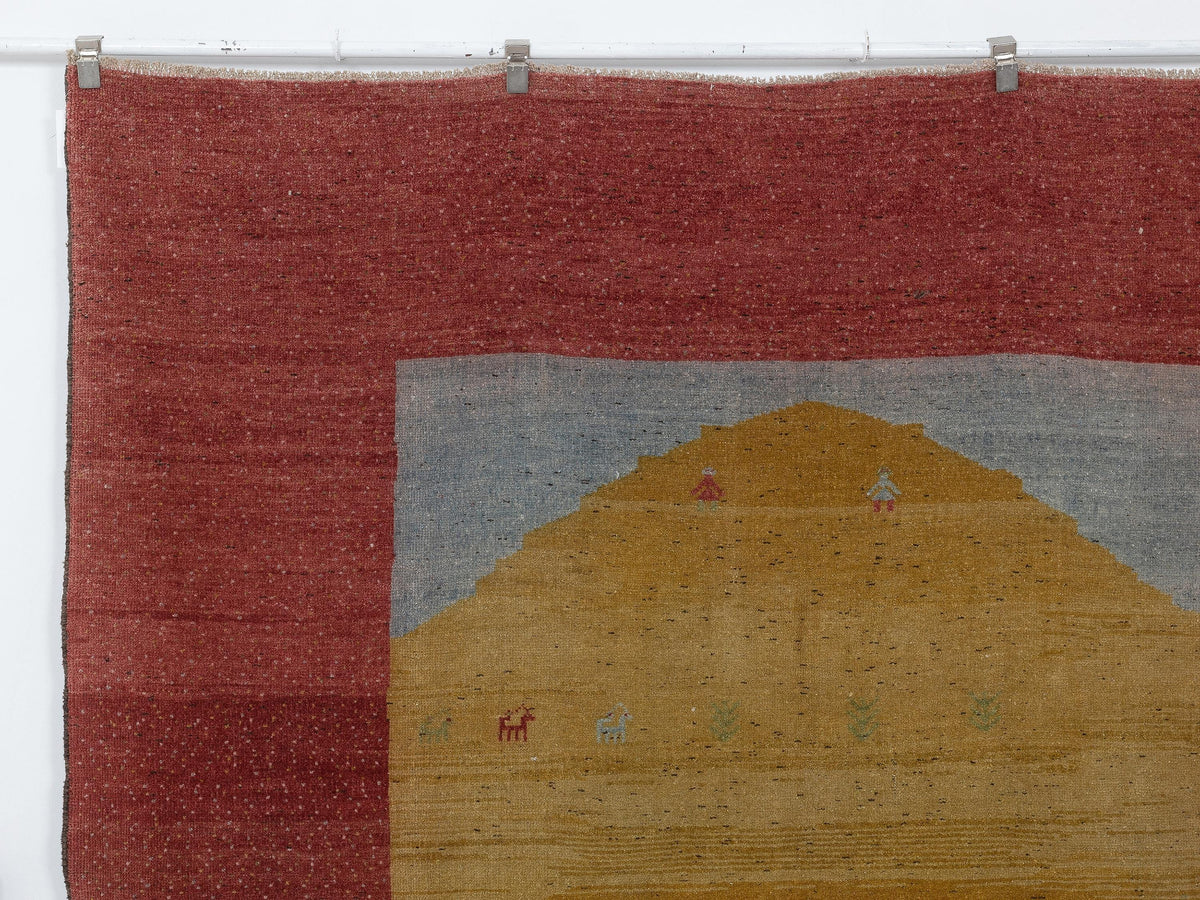 Unusual Pattern Yellow Red Vintage Turkish Wool Carpet Rug: 7.5x9.6 Feet,Oversize Handmade Rugs.