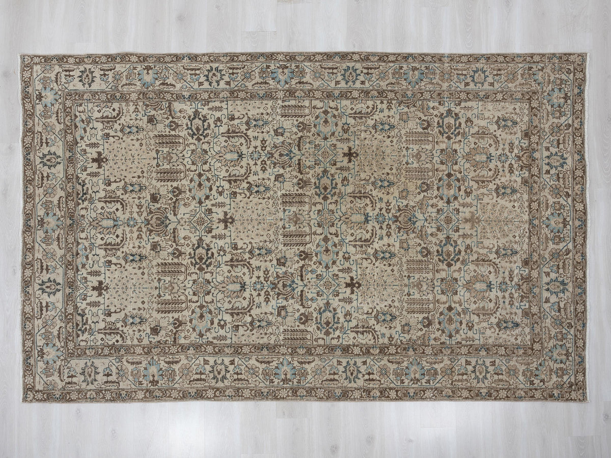 Large Vintage Turkish Wool Carpet Rug: 6.6x10.2 Feet,Neutral Handmade Home Living Rugs