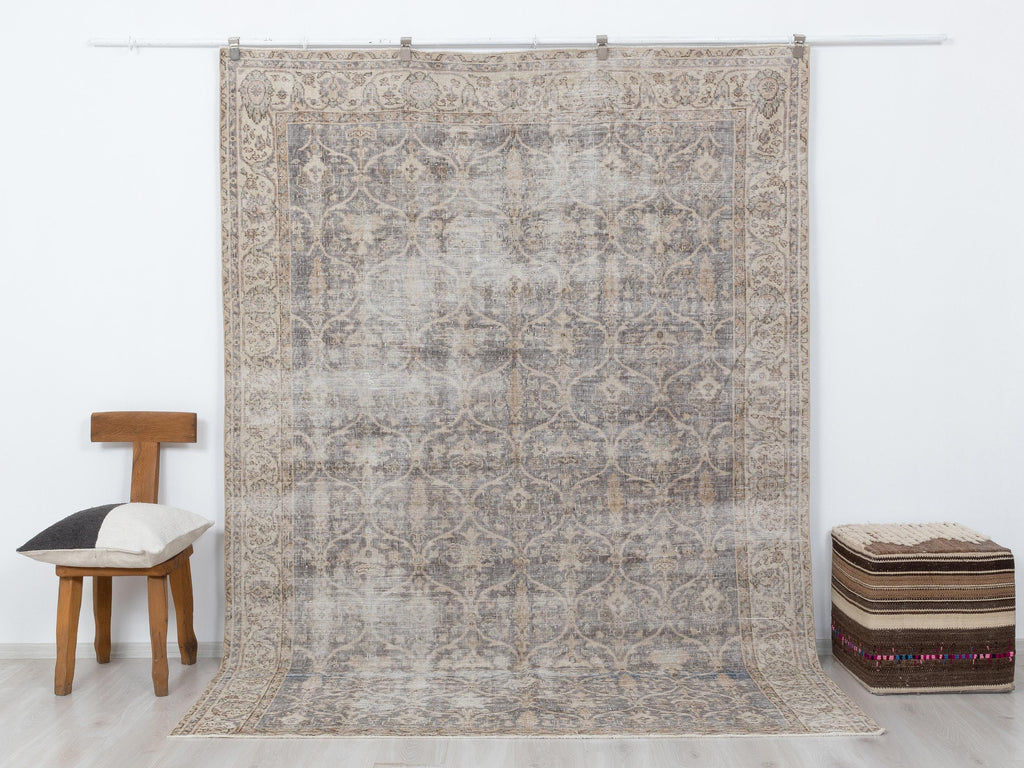 Beige Turkish Oushak Rug 7x9, Neutral Wool Area Rugs, Handmade Gray Anatolian Carpet