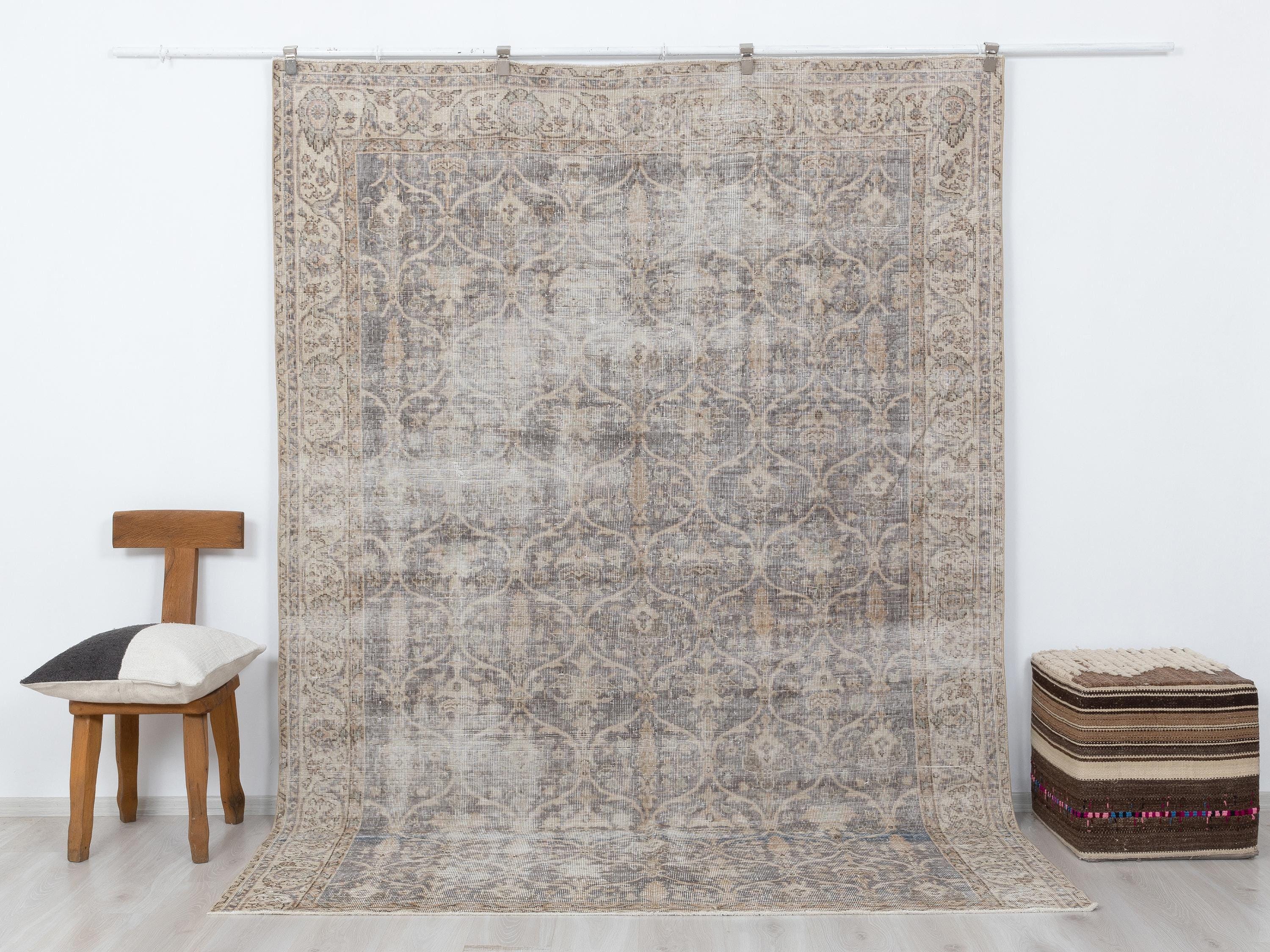 Beige Turkish Oushak Rug 7x9, Neutral Wool Area Rugs, Handmade Gray Anatolian Carpet