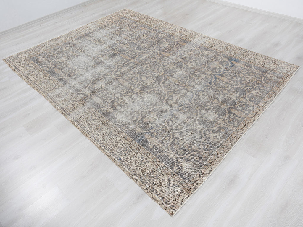 Beige Turkish Oushak Rug 7x9, Neutral Wool Area Rugs, Handmade Gray Anatolian Carpet